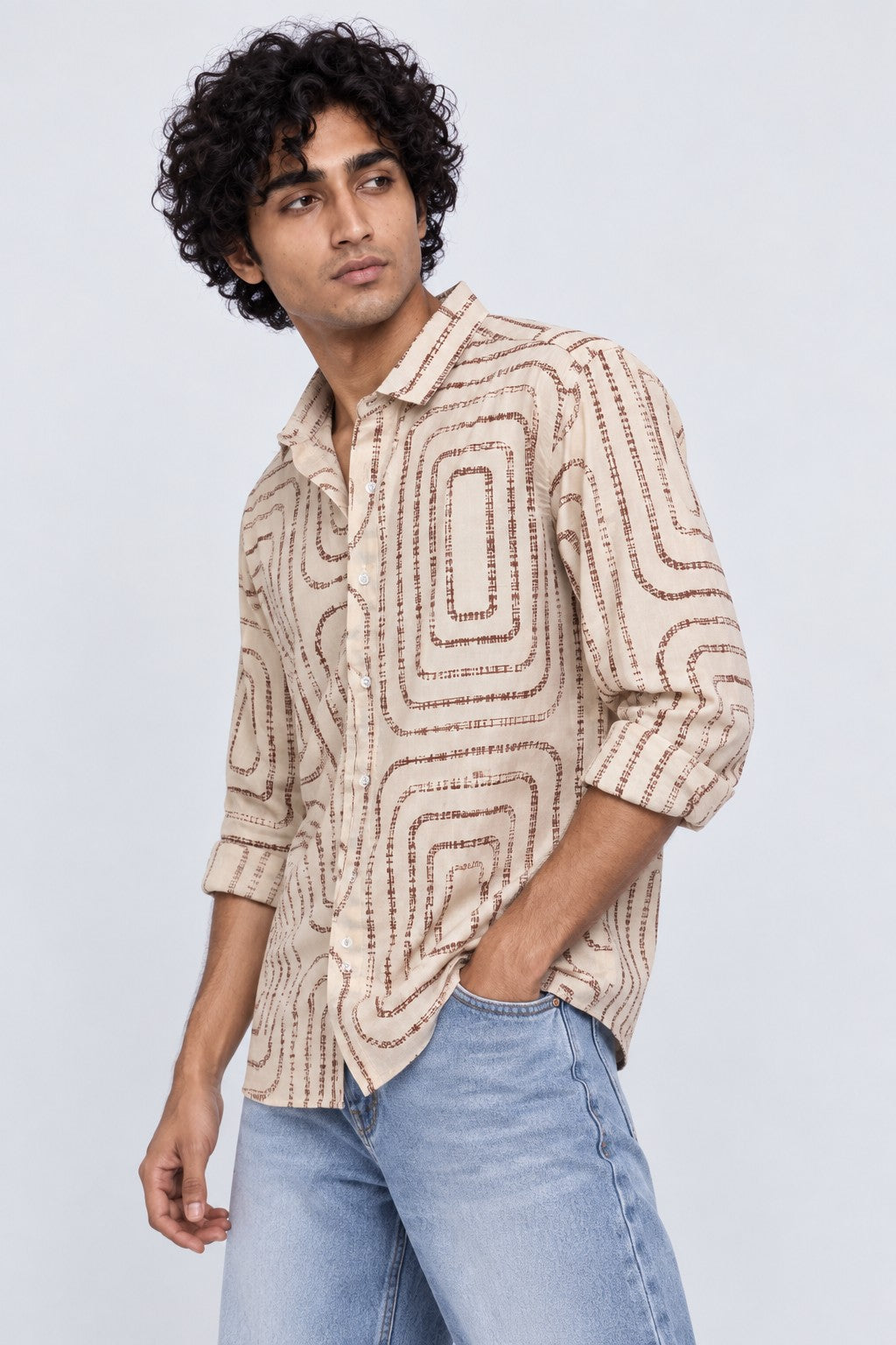 Mens Beige Regular Fit Abstract Print Casual Shirt - Image 4