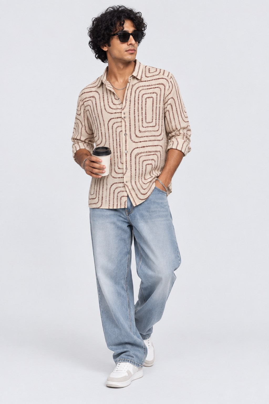 Mens Beige Regular Fit Abstract Print Casual Shirt - Image 6
