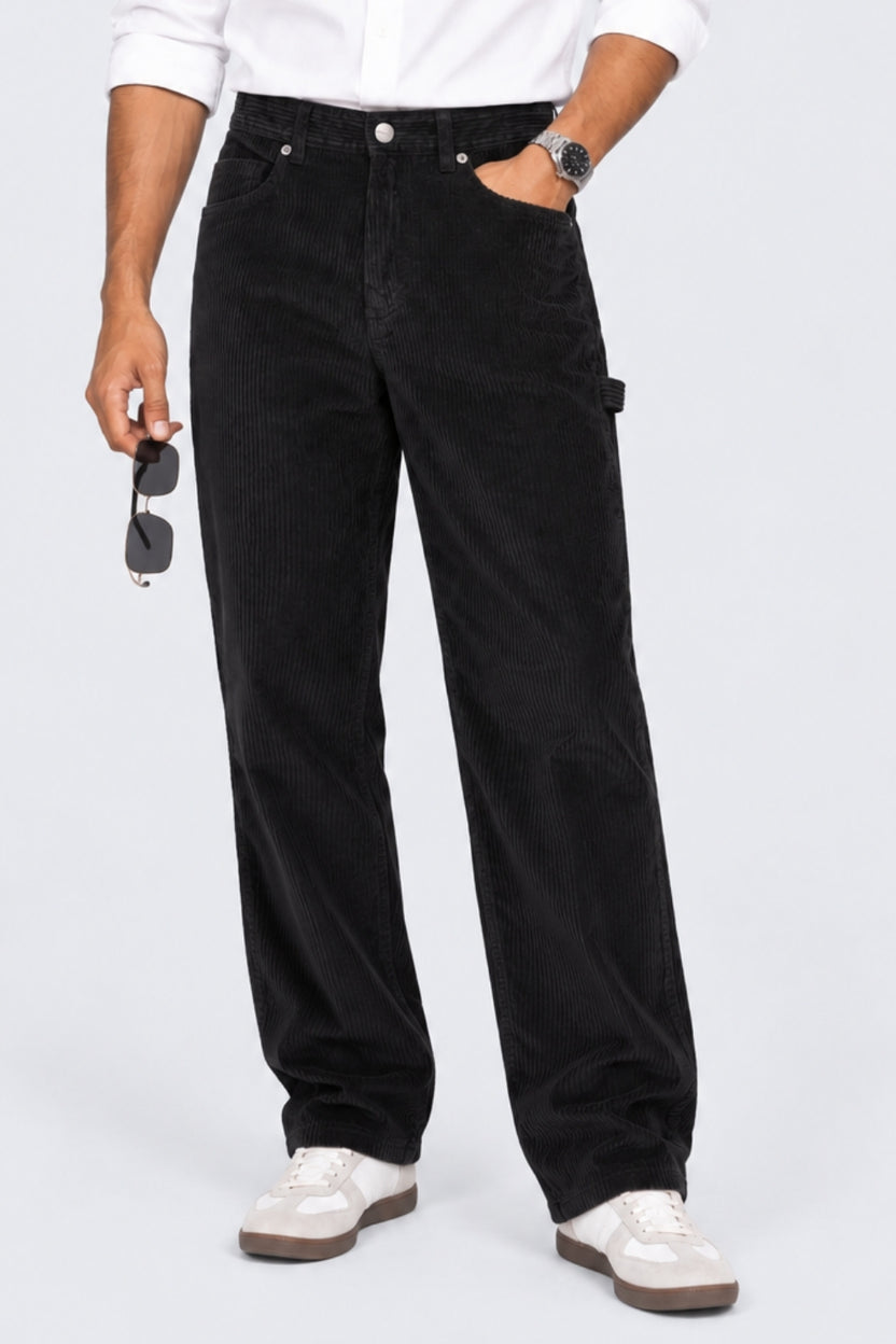 Mens Black Relaxed Fit Corduroy Trouser - Image 1