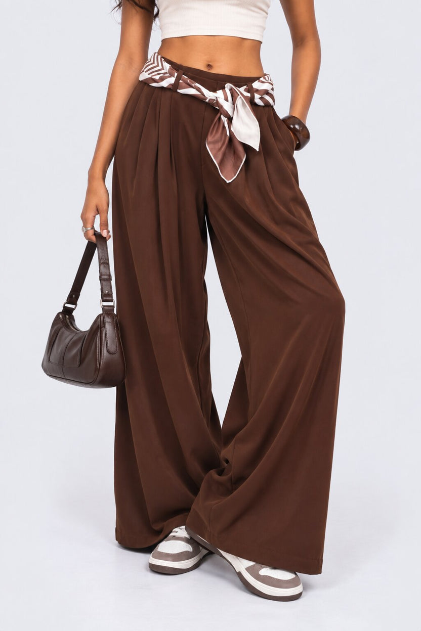 Womens Brown Wide Leg Tie Waist Pant - Image 1