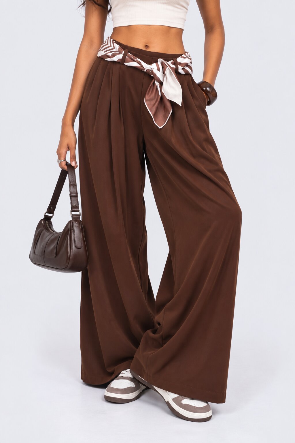 Womens Brown Wide Leg Tie Waist Pant - Image 1