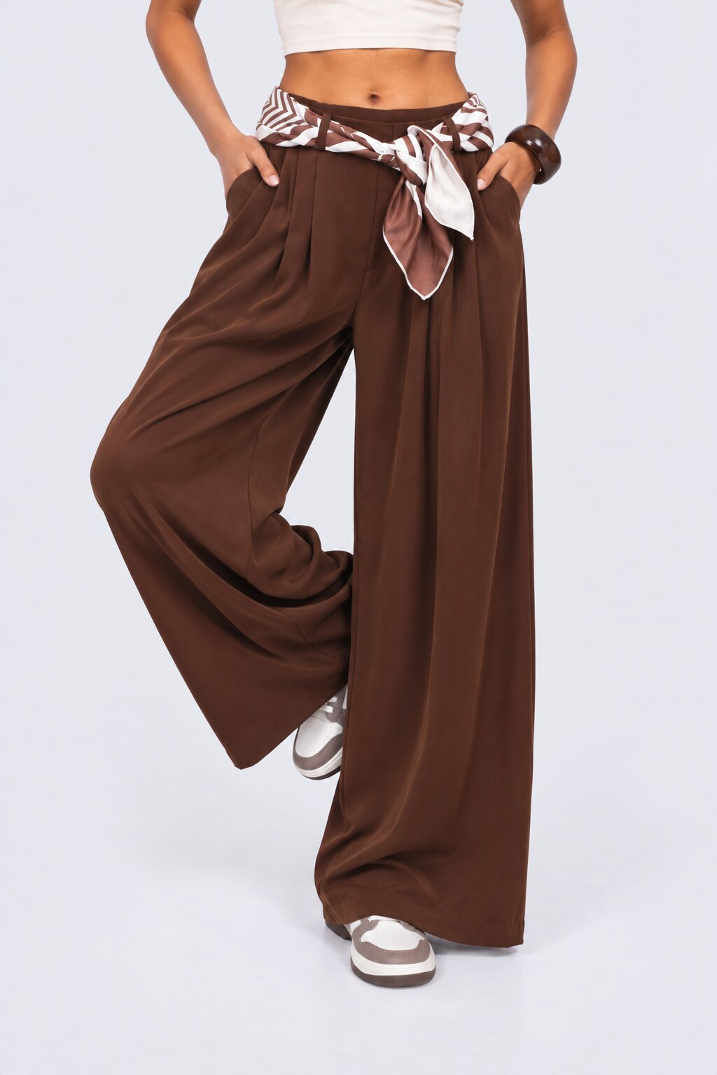 Womens Brown Wide Leg Tie Waist Pant - Image 2