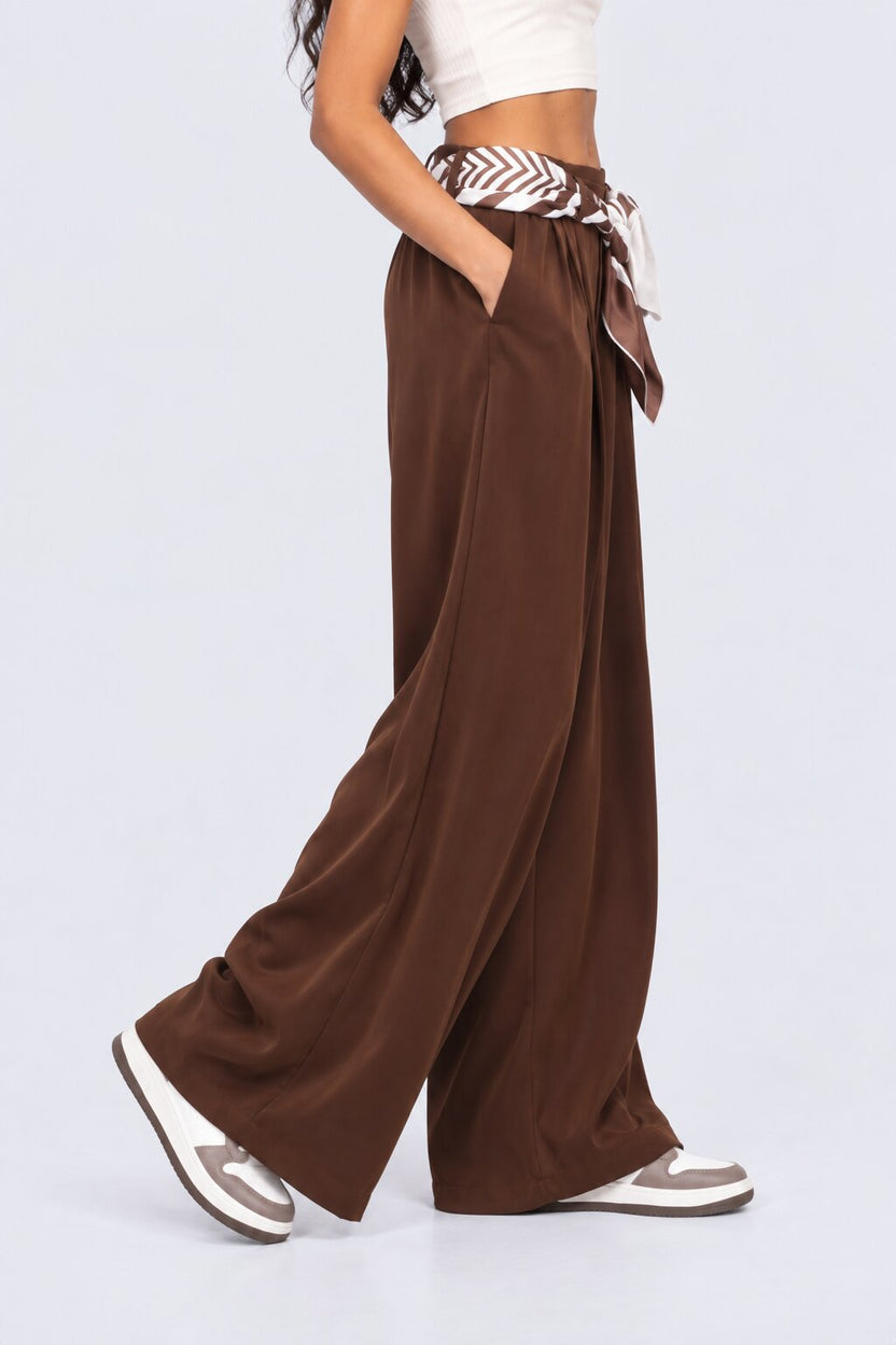 Womens Brown Wide Leg Tie Waist Pant - Image 4