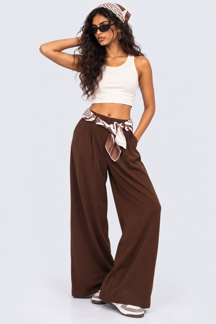 Womens Brown Wide Leg Tie Waist Pant - Image 6