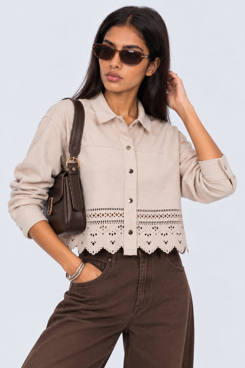 Womens Cream Cut-Work Suede Jacket - Image 1