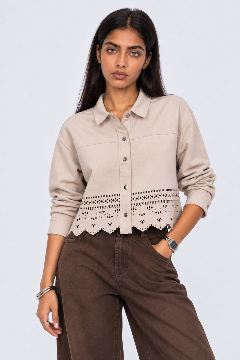 Womens Cream Cut-Work Suede Jacket - Image 2