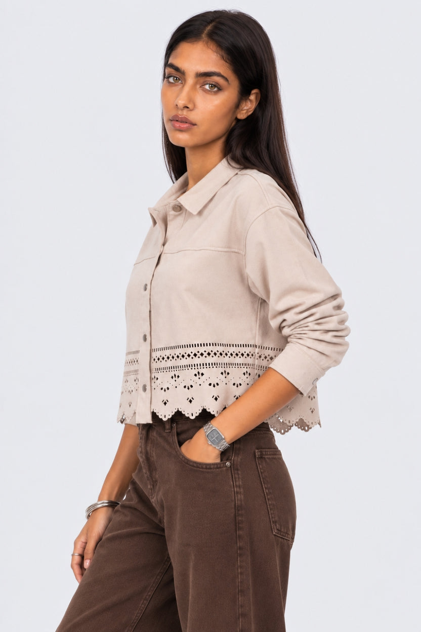 Womens Cream Cut-Work Suede Jacket - Image 4