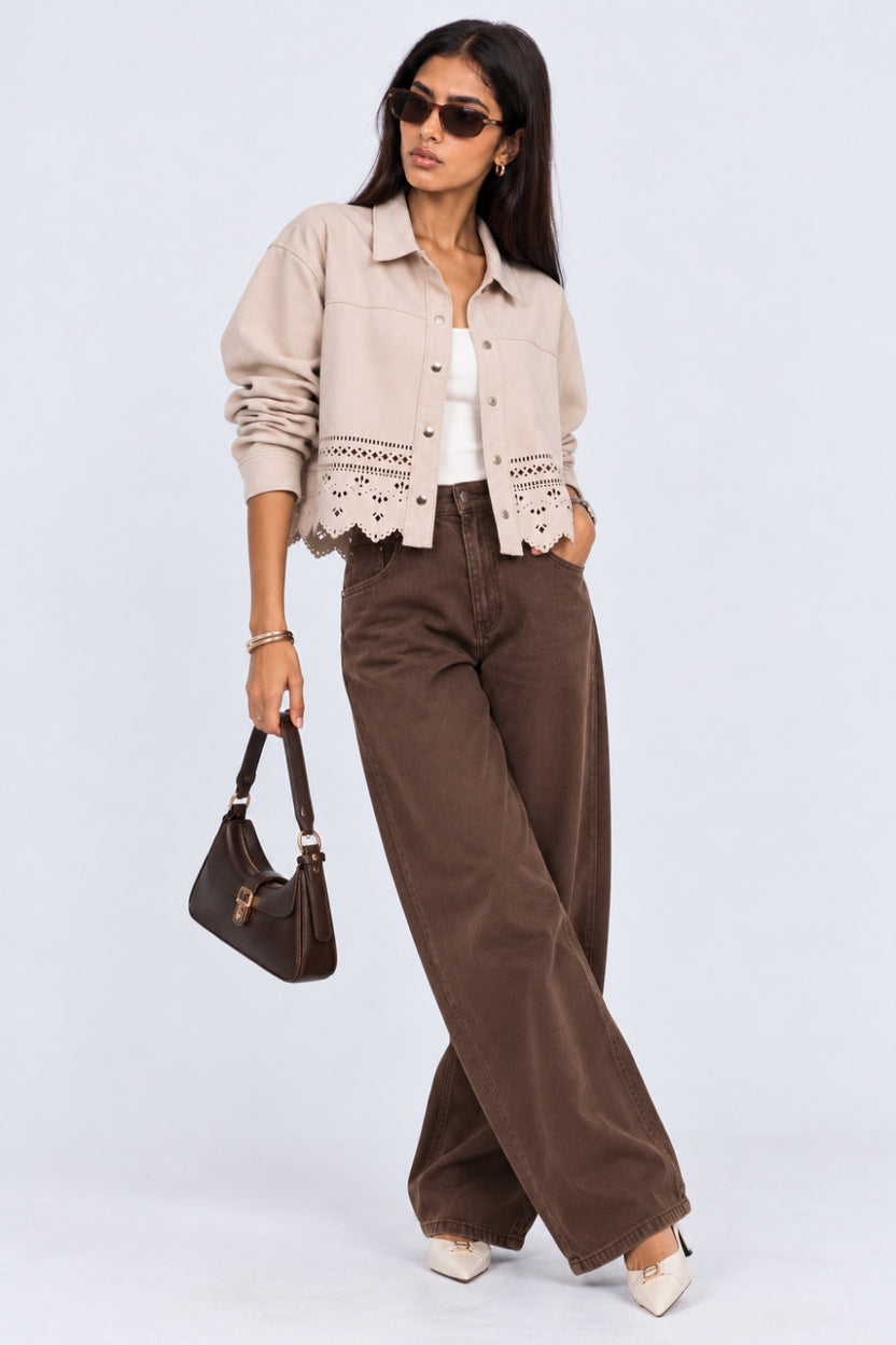 Womens Cream Cut-Work Suede Jacket - Image 6