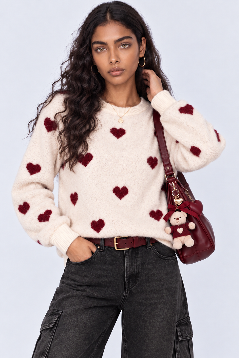 Womens Cream Heart Pattern Fuzzy Sweater - Image 1