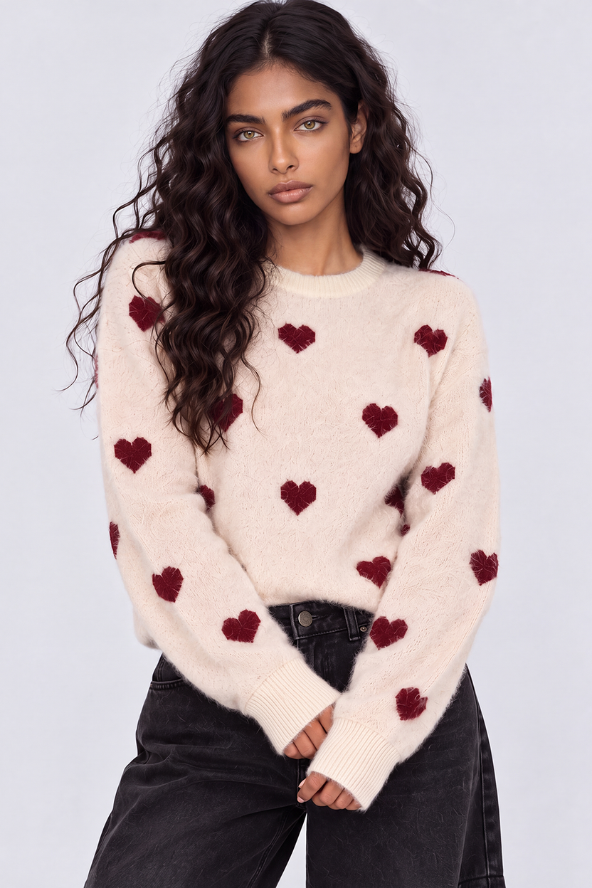 Womens Cream Heart Pattern Fuzzy Sweater - Image 2