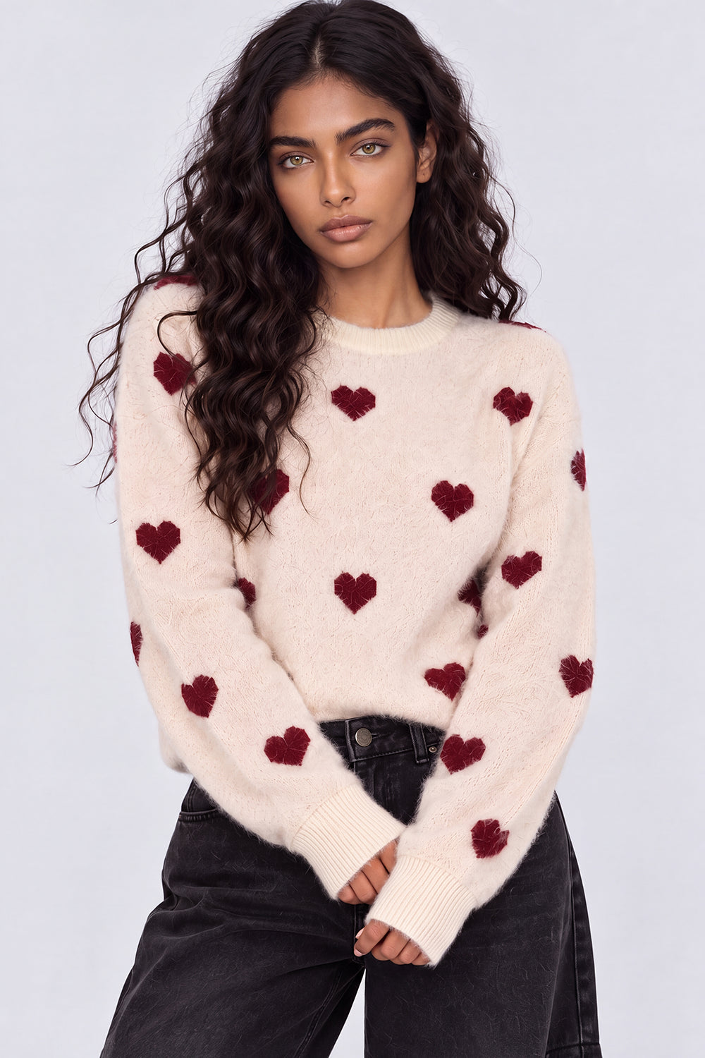 Womens Cream Heart Pattern Fuzzy Sweater - Image 2