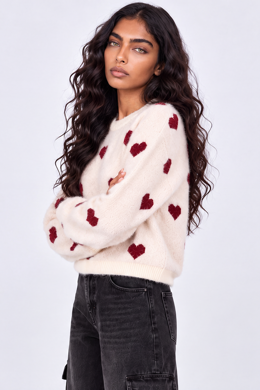 Womens Cream Heart Pattern Fuzzy Sweater - Image 4