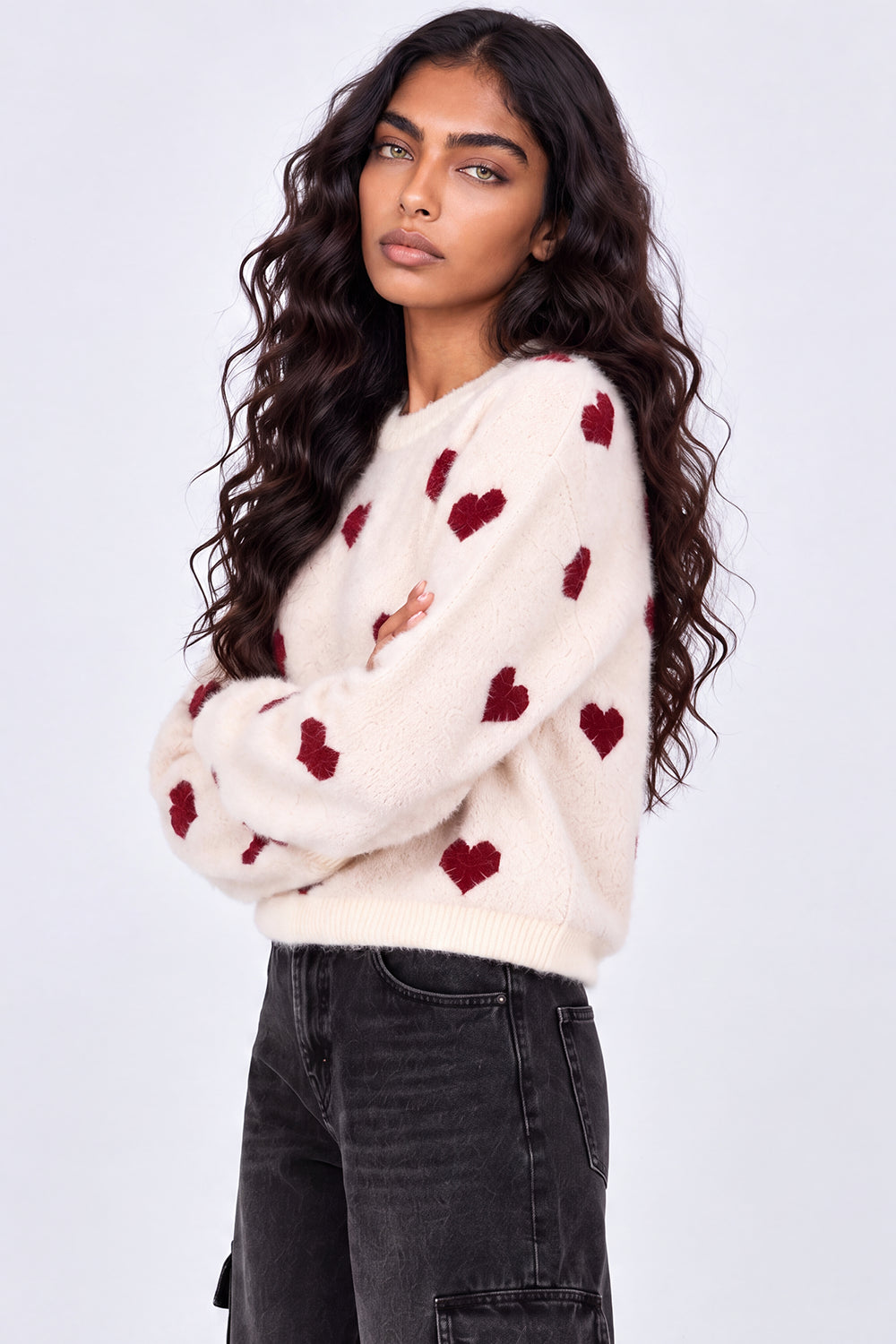 Womens Cream Heart Pattern Fuzzy Sweater - Image 4