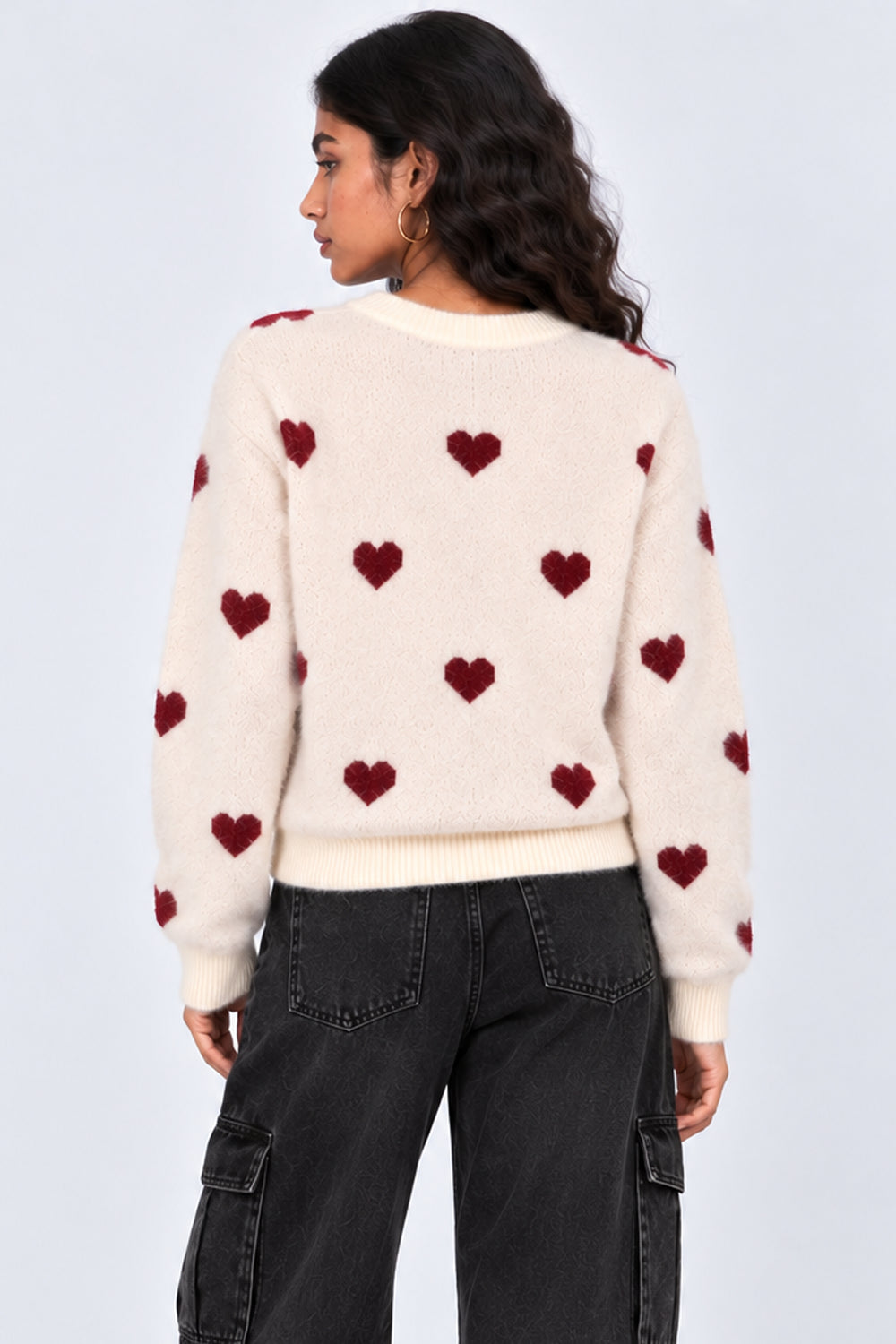 Womens Cream Heart Pattern Fuzzy Sweater - Image 5