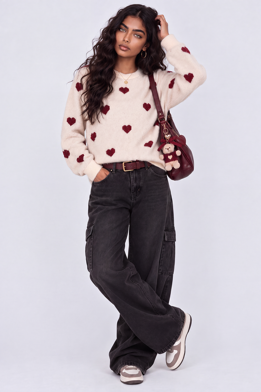 Womens Cream Heart Pattern Fuzzy Sweater - Image 6