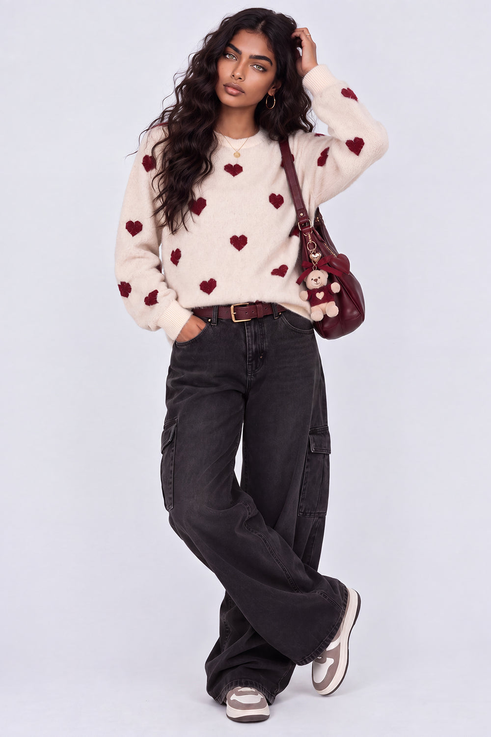 Womens Cream Heart Pattern Fuzzy Sweater - Image 6