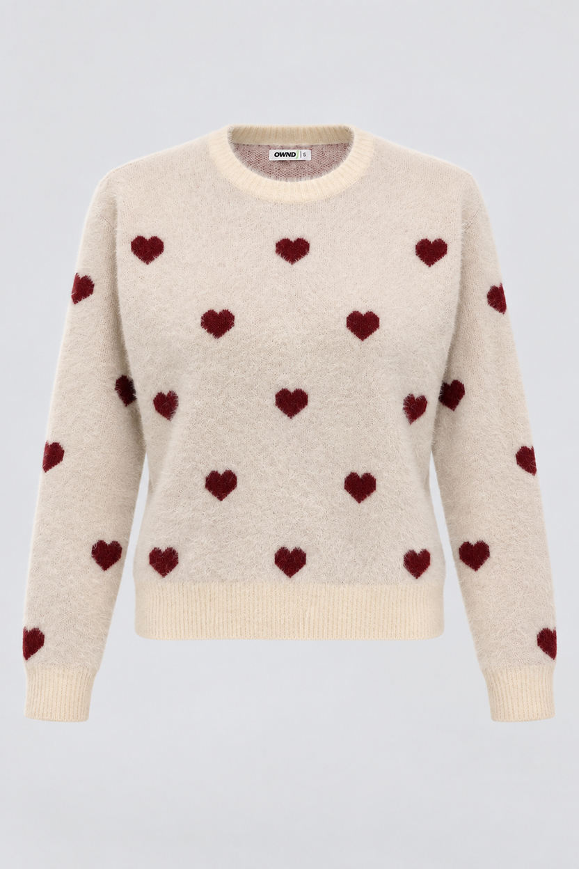 Womens Cream Heart Pattern Fuzzy Sweater - Image 7