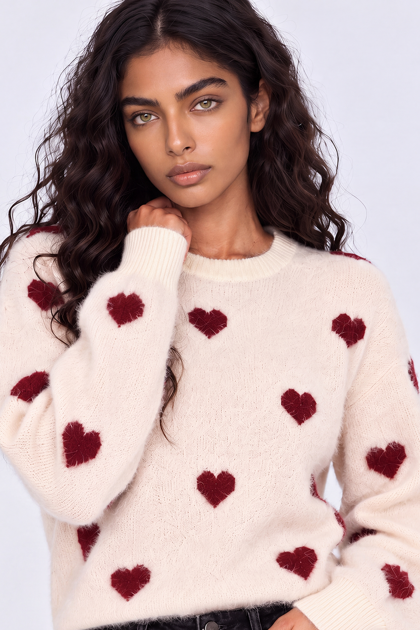 Womens Cream Heart Pattern Fuzzy Sweater - Image 9