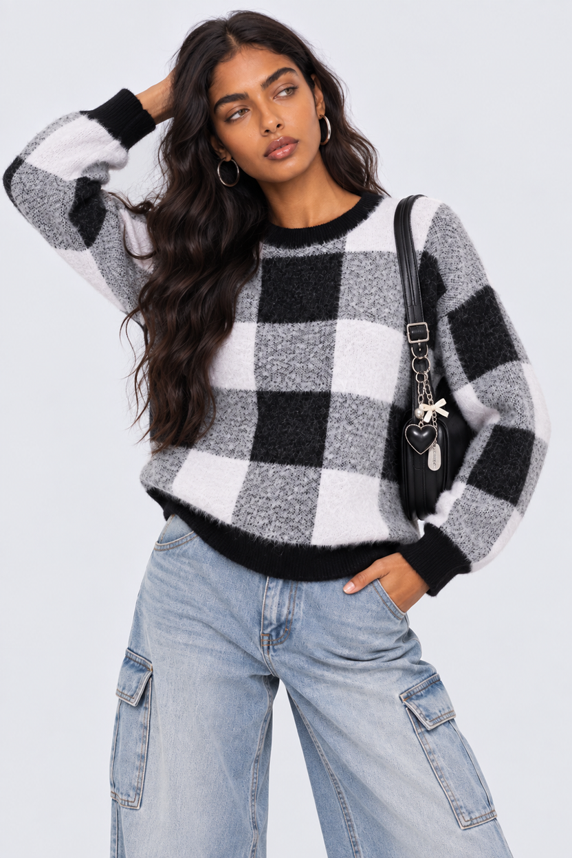 Womens Regular Fit Black Checked Fuzzy Knit Sweater - Image 1