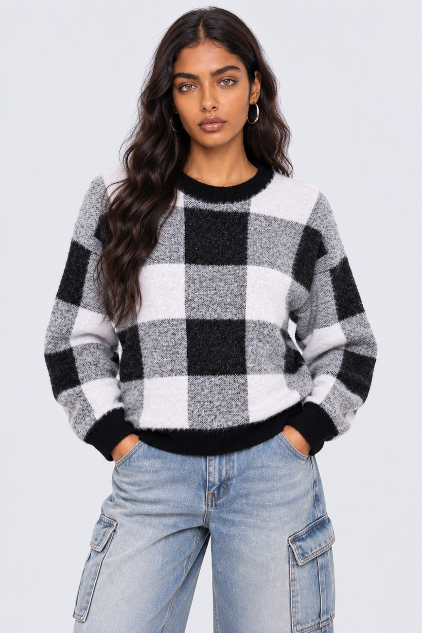 Womens Regular Fit Black Checked Fuzzy Knit Sweater - Image 2