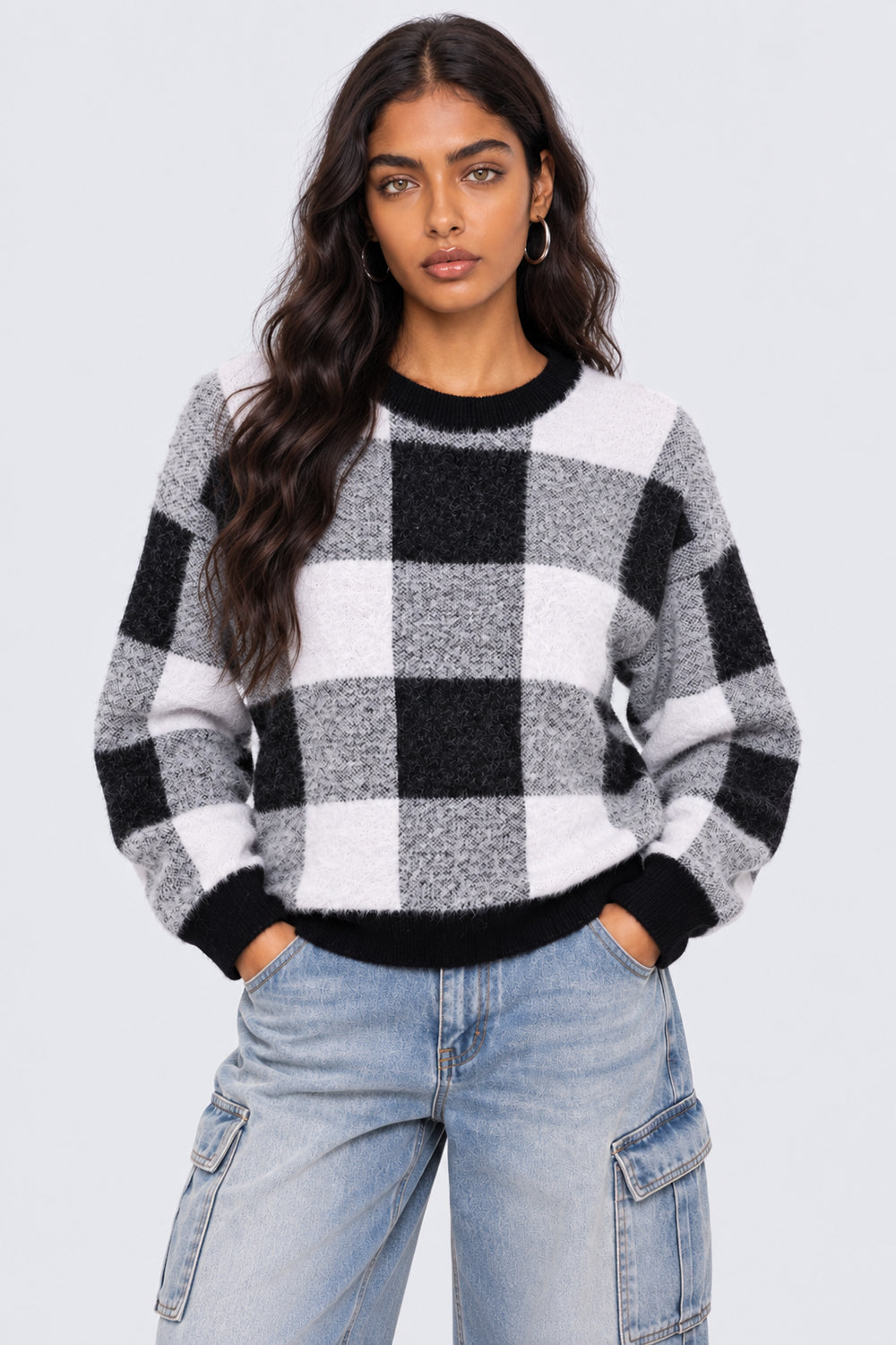 Womens Regular Fit Black Checked Fuzzy Knit Sweater - Image 2