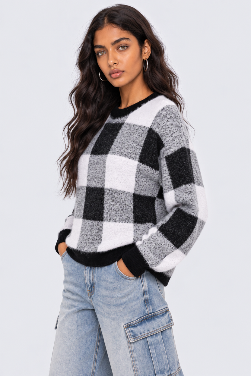 Womens Regular Fit Black Checked Fuzzy Knit Sweater - Image 4