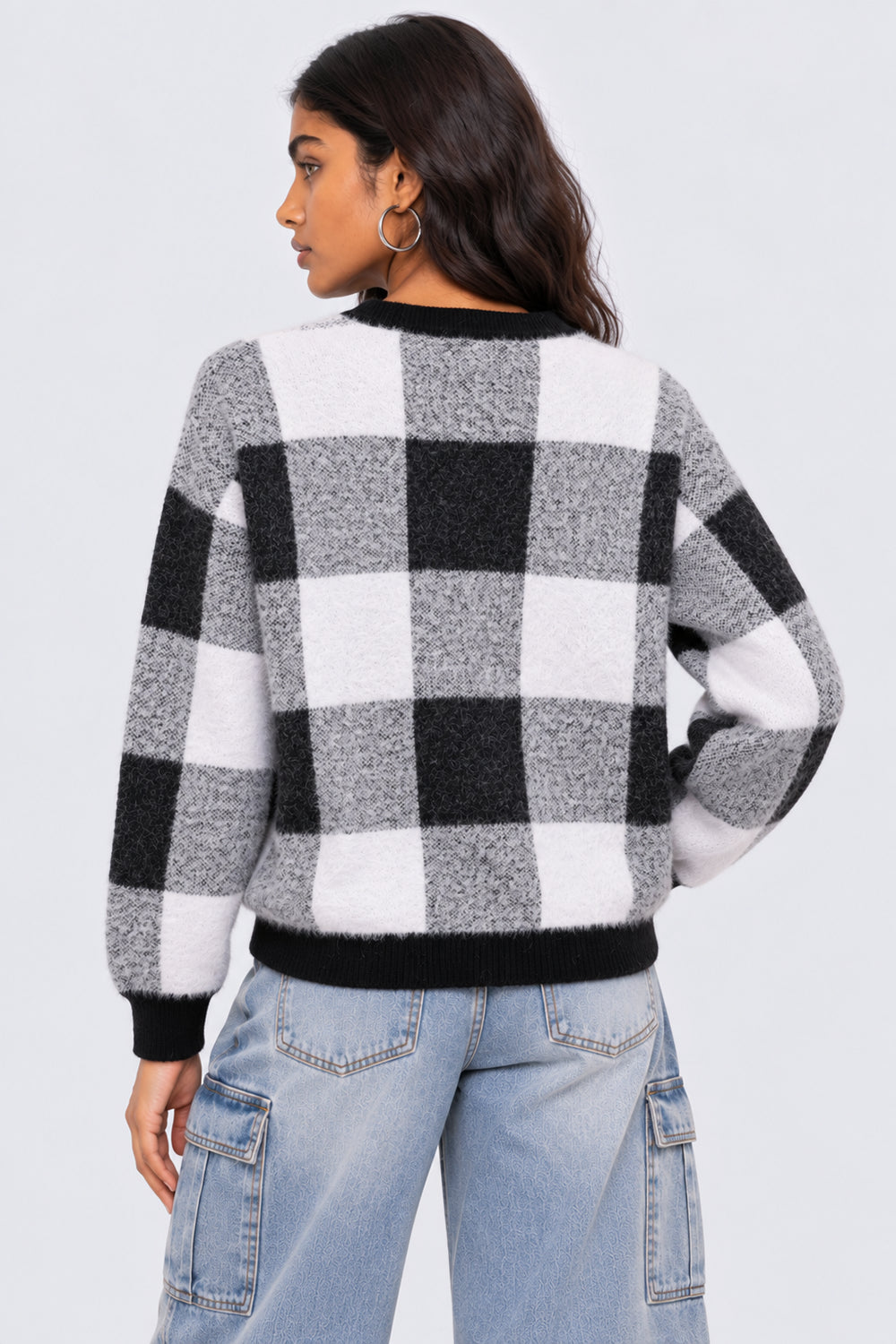 Womens Regular Fit Black Checked Fuzzy Knit Sweater - Image 5