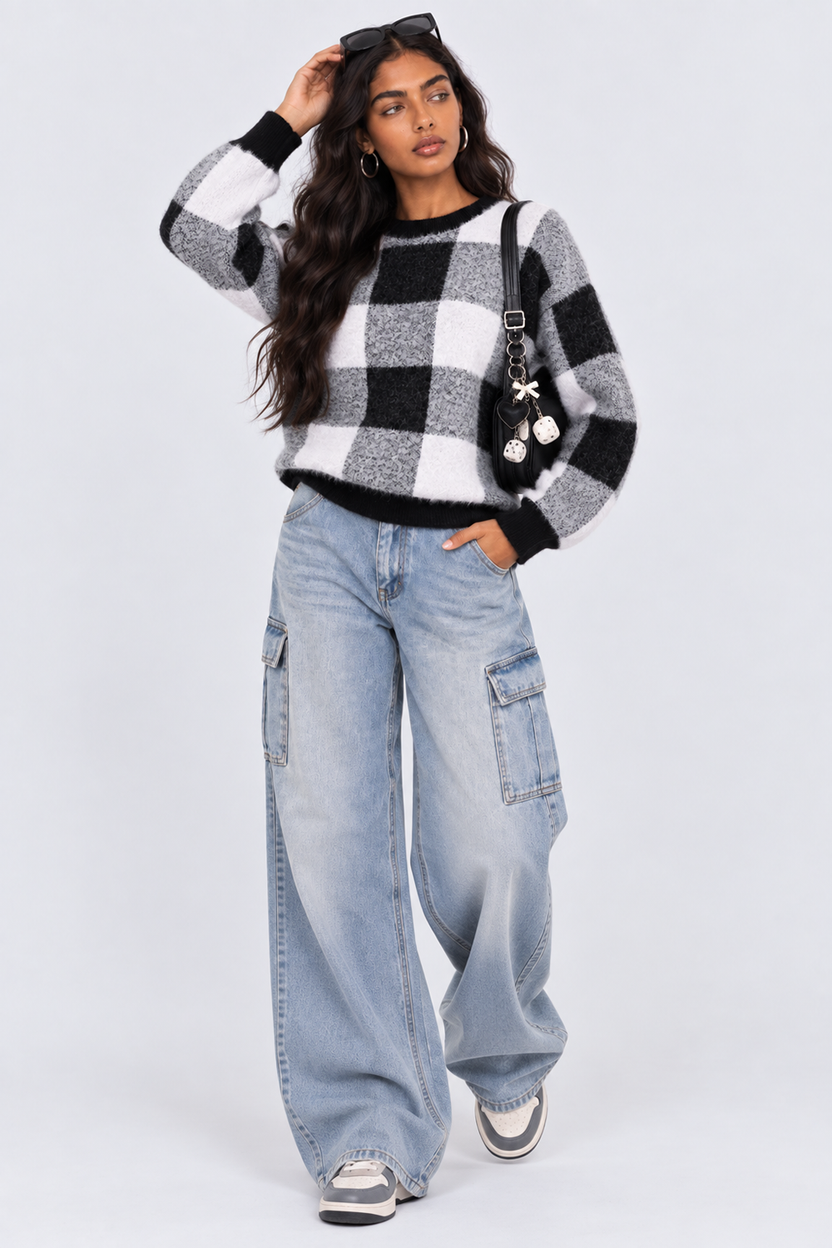 Womens Regular Fit Black Checked Fuzzy Knit Sweater - Image 6