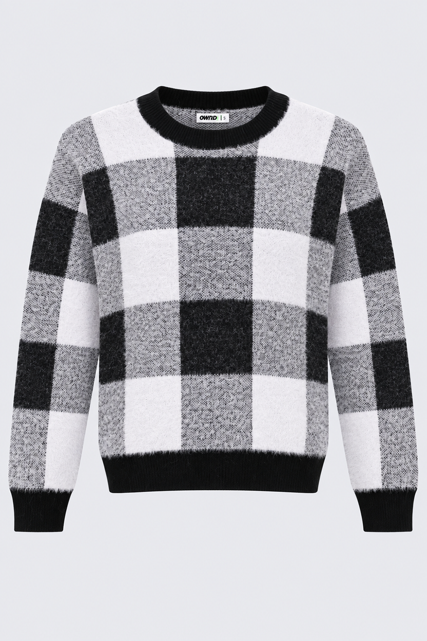 Womens Regular Fit Black Checked Fuzzy Knit Sweater - Image 7