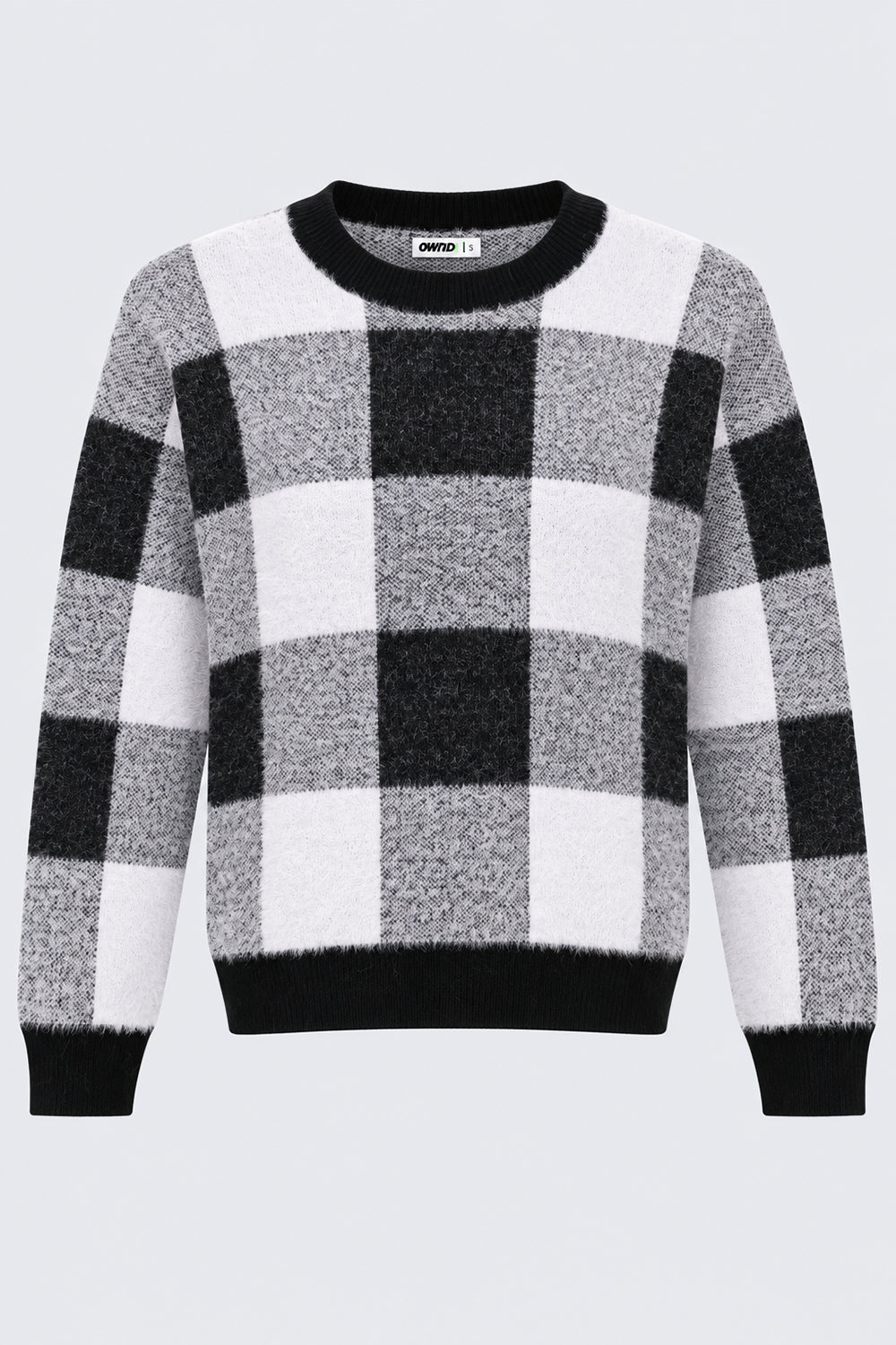 Womens Regular Fit Black Checked Fuzzy Knit Sweater - Image 7