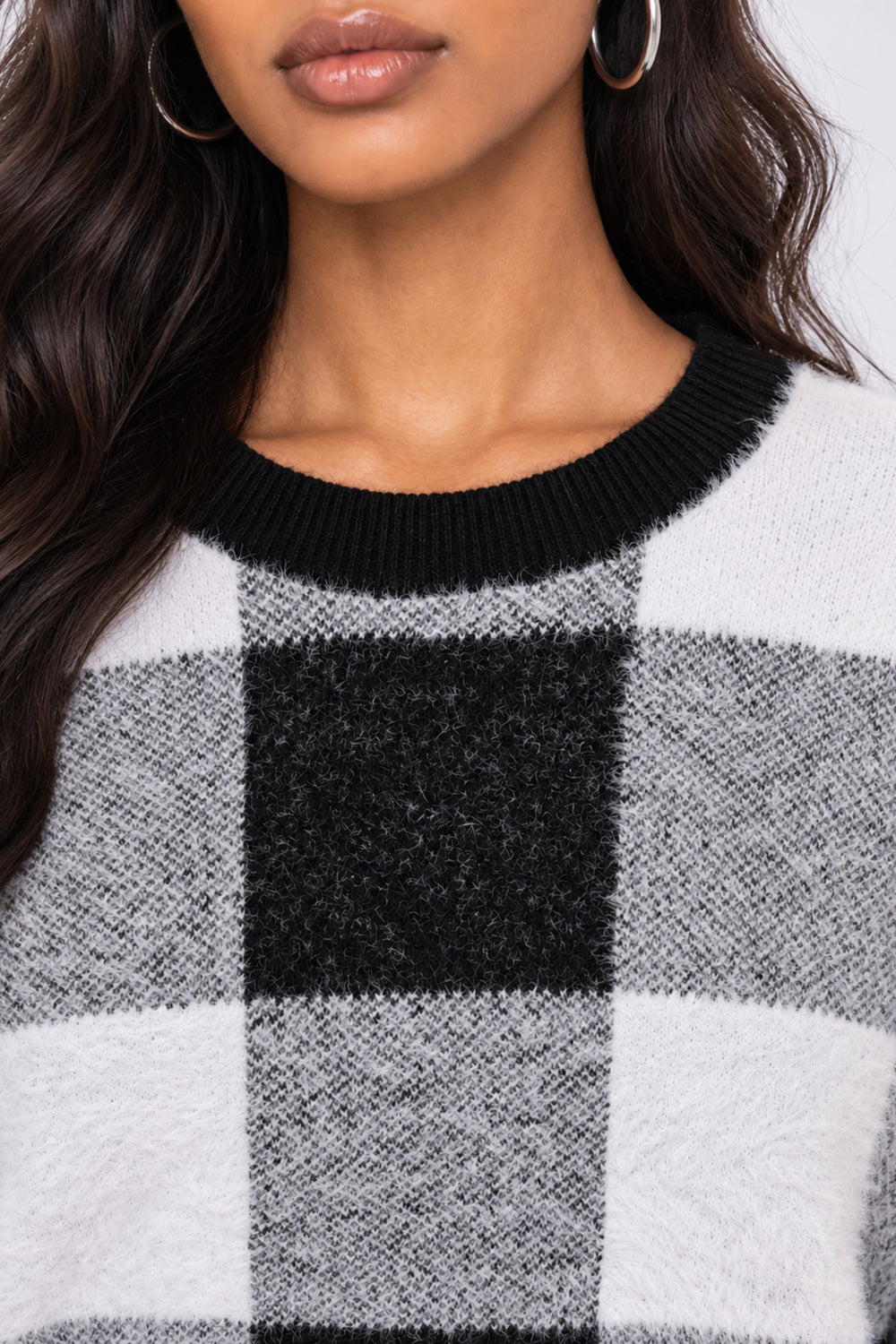 Womens Regular Fit Black Checked Fuzzy Knit Sweater - Image 9