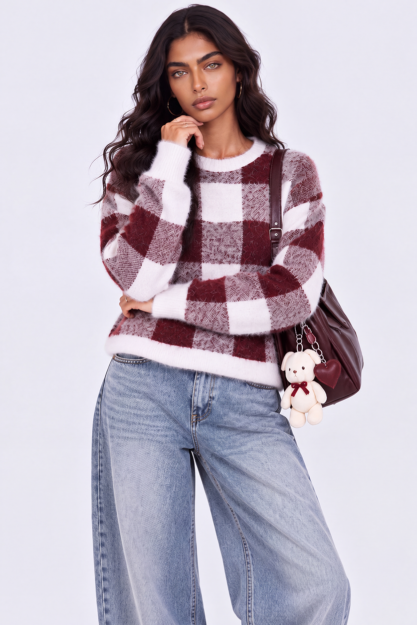 Womens Regular Fit Red Checked Fuzzy Knit Sweater - Image 1
