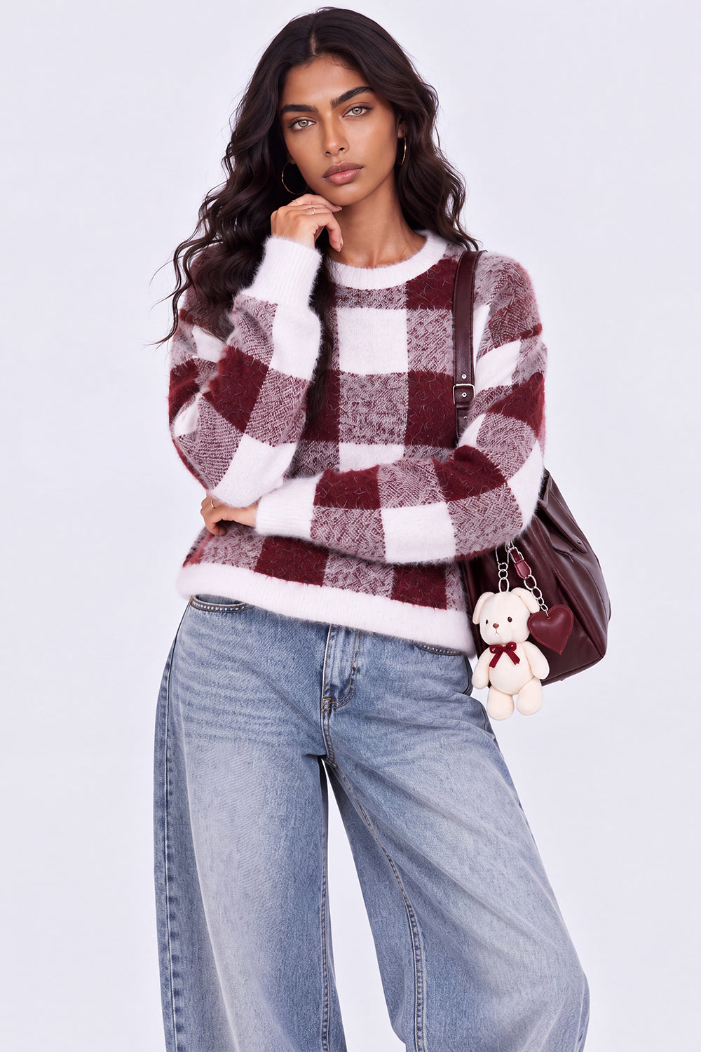 Womens Regular Fit Red Checked Fuzzy Knit Sweater - Image 1
