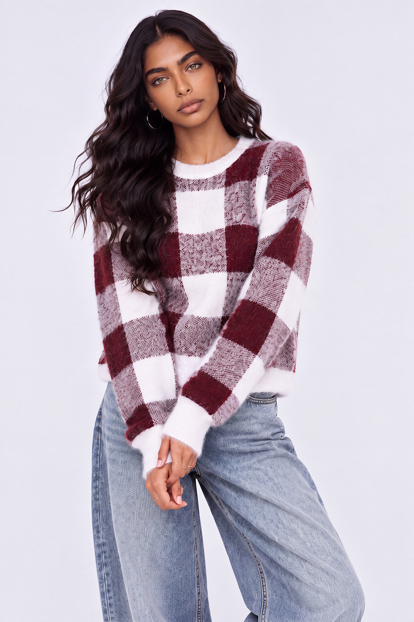 Womens Regular Fit Red Checked Fuzzy Knit Sweater - Image 2