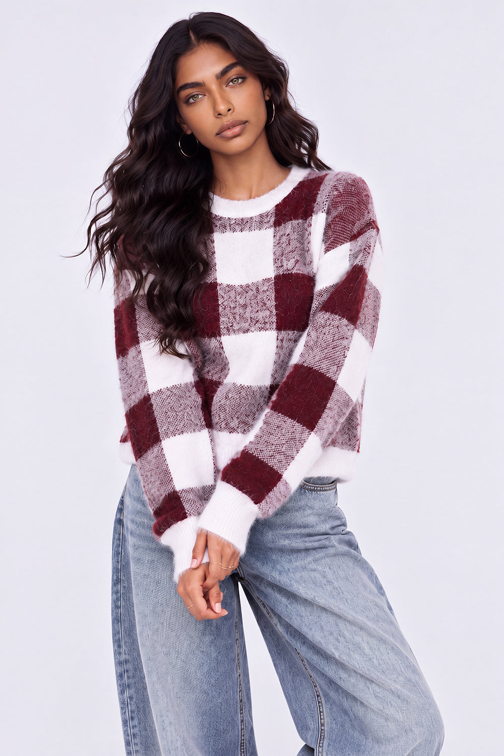 Womens Regular Fit Red Checked Fuzzy Knit Sweater - Image 2