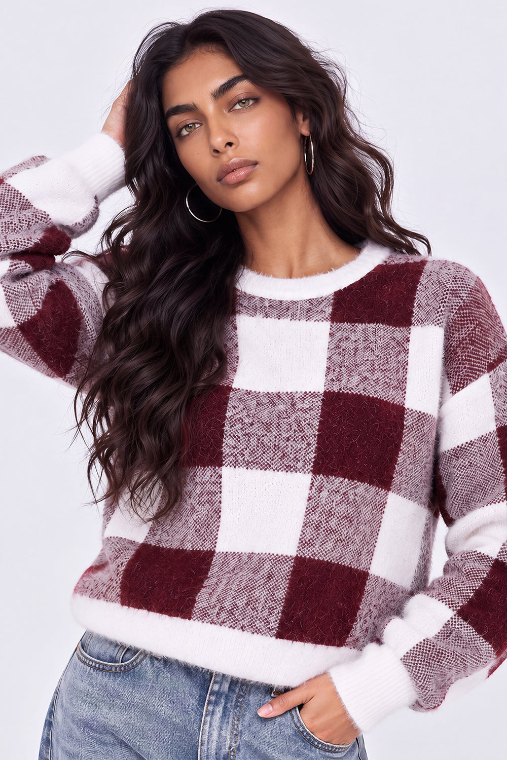 Womens Regular Fit Red Checked Fuzzy Knit Sweater - Image 3