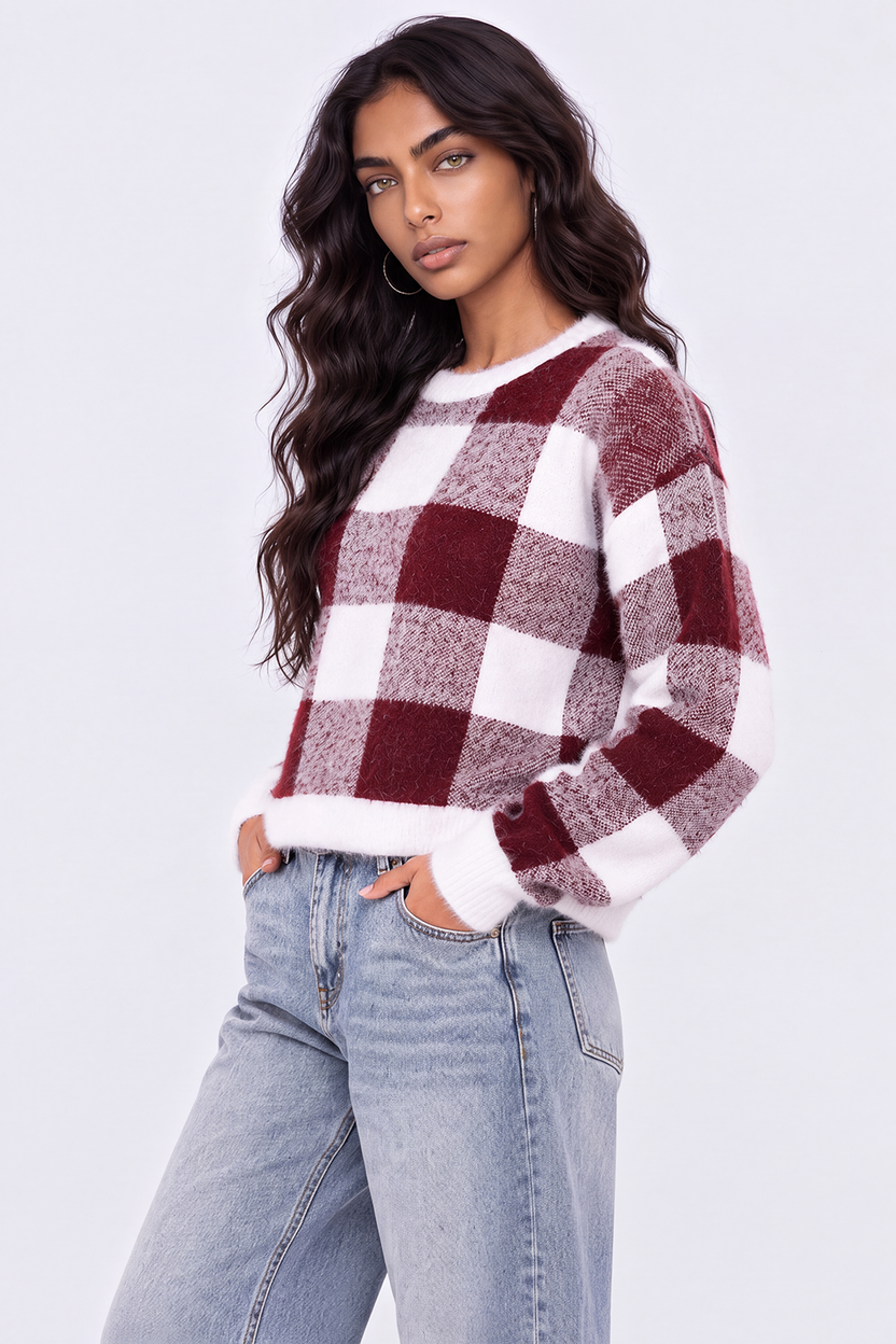Womens Regular Fit Red Checked Fuzzy Knit Sweater - Image 4