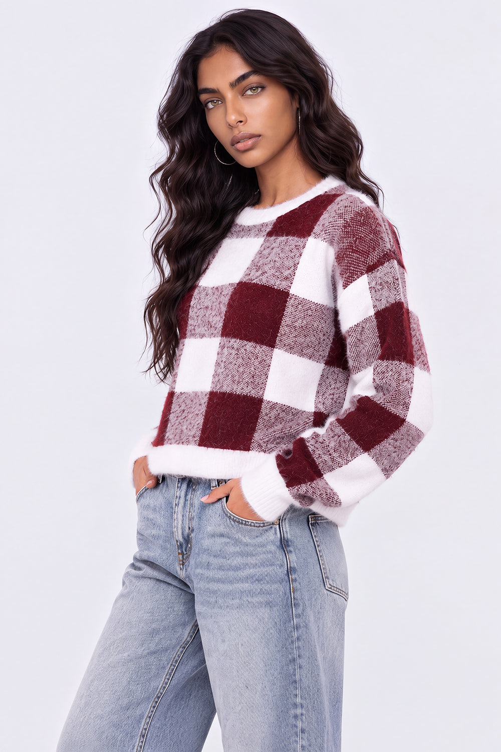 Womens Regular Fit Red Checked Fuzzy Knit Sweater - Image 4