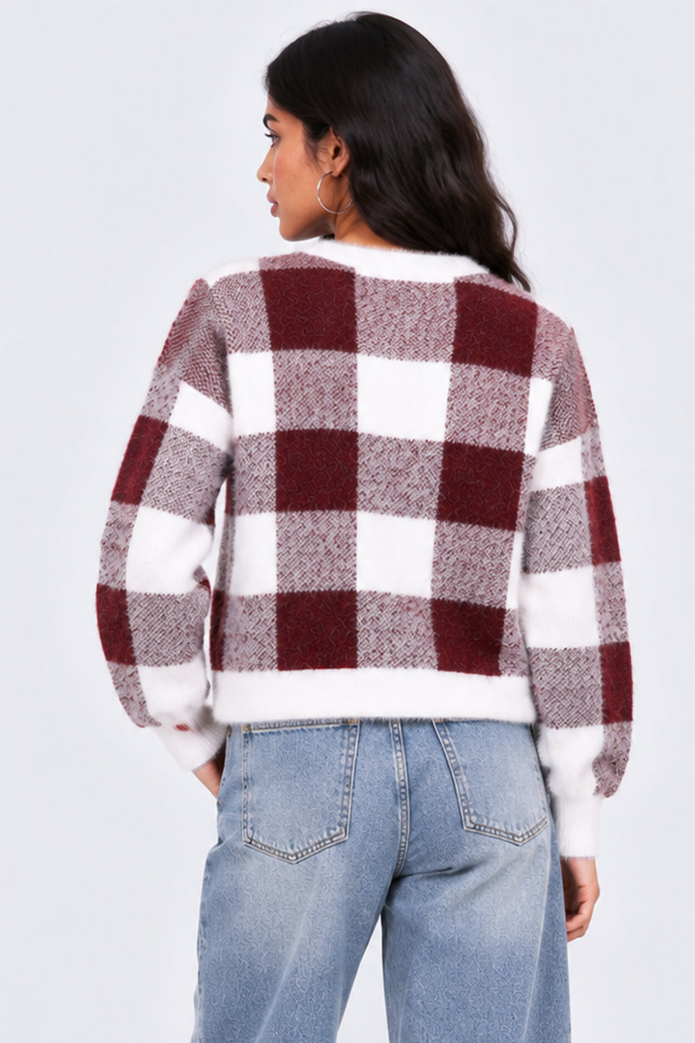 Womens Regular Fit Red Checked Fuzzy Knit Sweater - Image 5