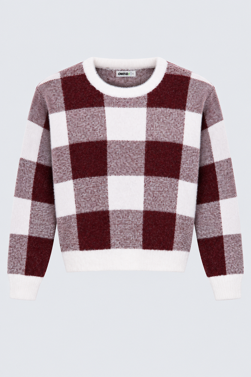 Womens Regular Fit Red Checked Fuzzy Knit Sweater - Image 7
