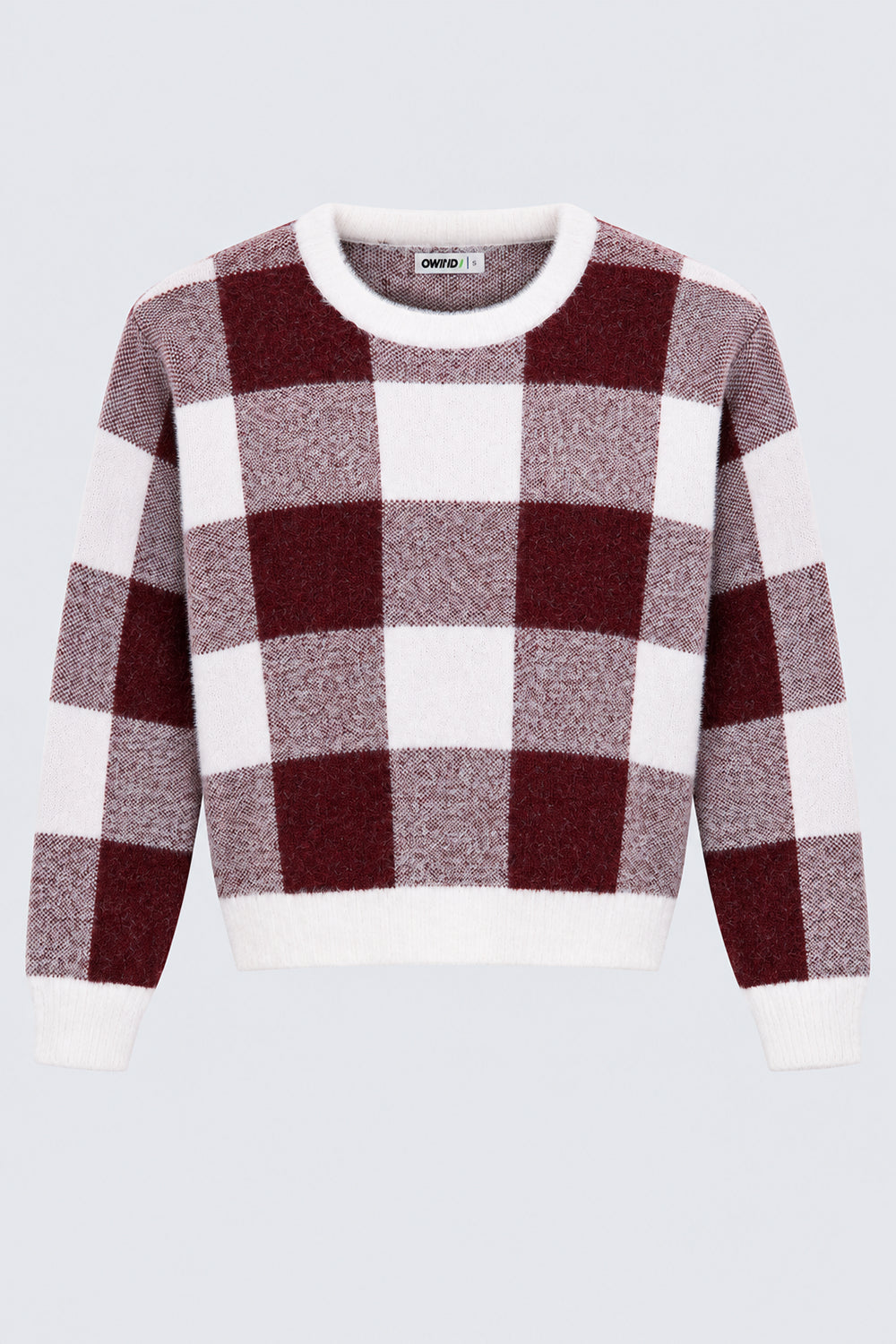 Womens Regular Fit Red Checked Fuzzy Knit Sweater - Image 7