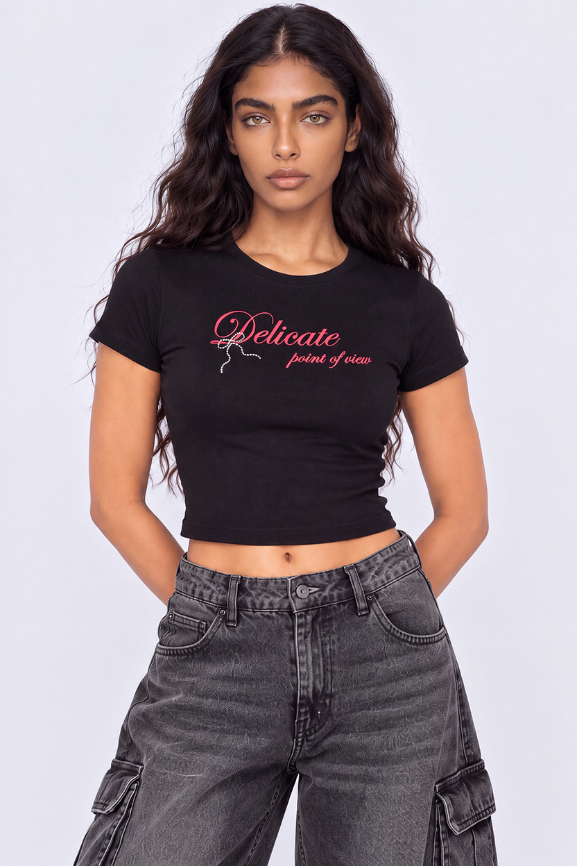 Womens Black Cotton Graphic Print Crop T-Shirt - Image 2