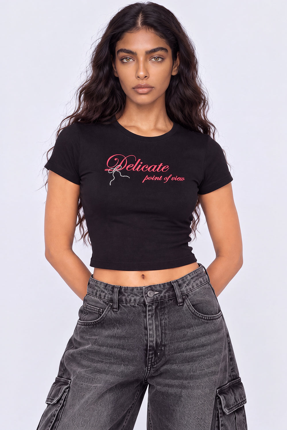 Womens Black Cotton Graphic Print Crop T-Shirt - Image 2