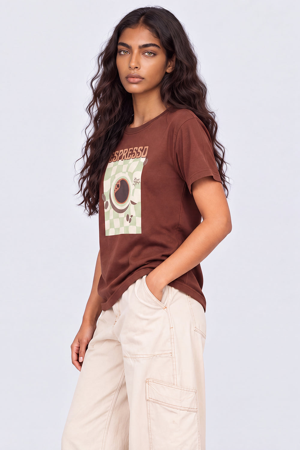Womens Brown Cotton Regular Fit T-Shirt - Image 4