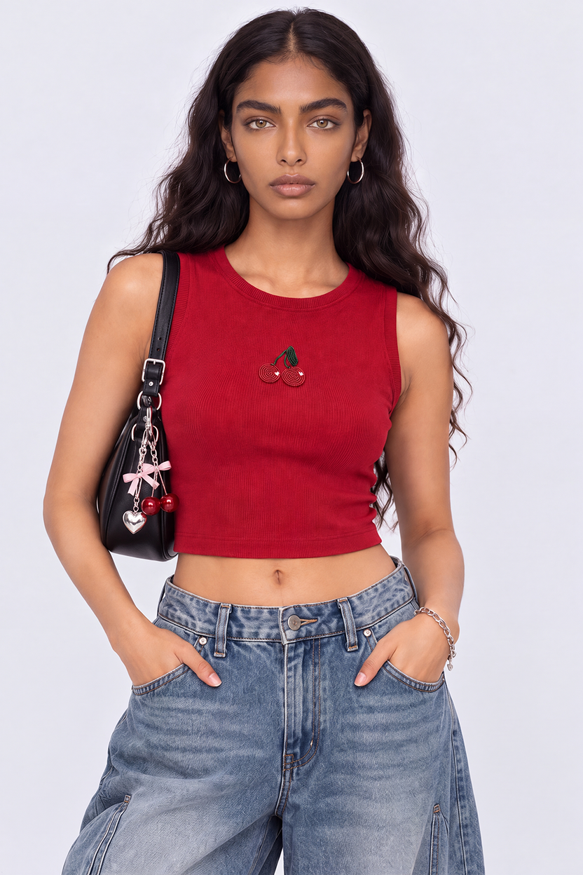 Womens Maroon Cherry Embroidered Tank Top - Image 1
