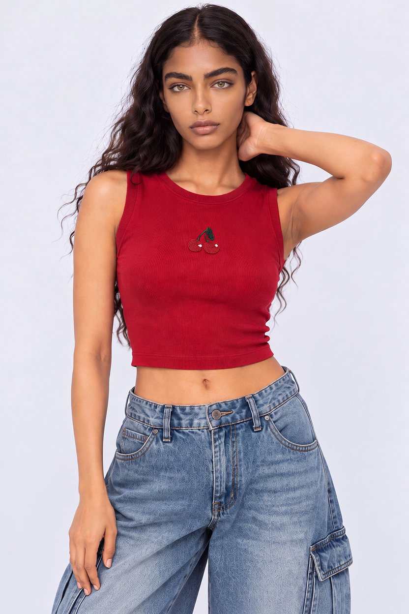 Womens Maroon Cherry Embroidered Tank Top - Image 2