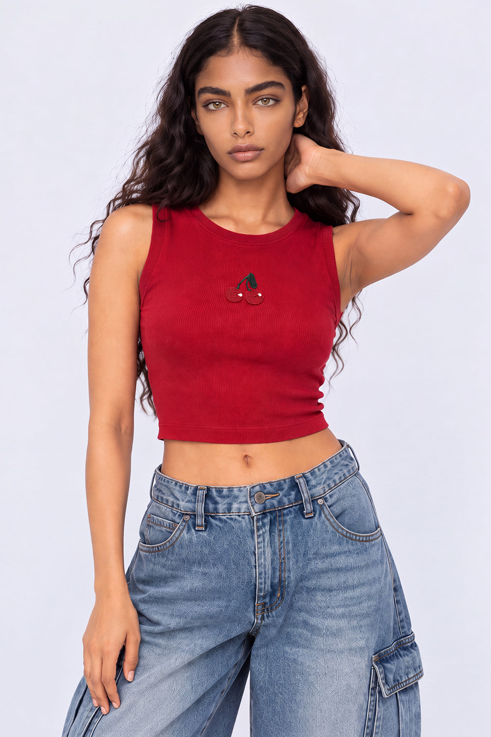 Womens Maroon Cherry Embroidered Tank Top - Image 2