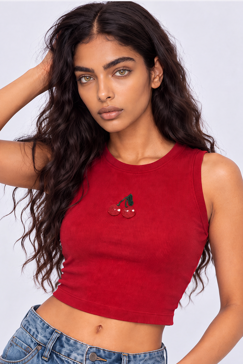 Womens Maroon Cherry Embroidered Tank Top - Image 3