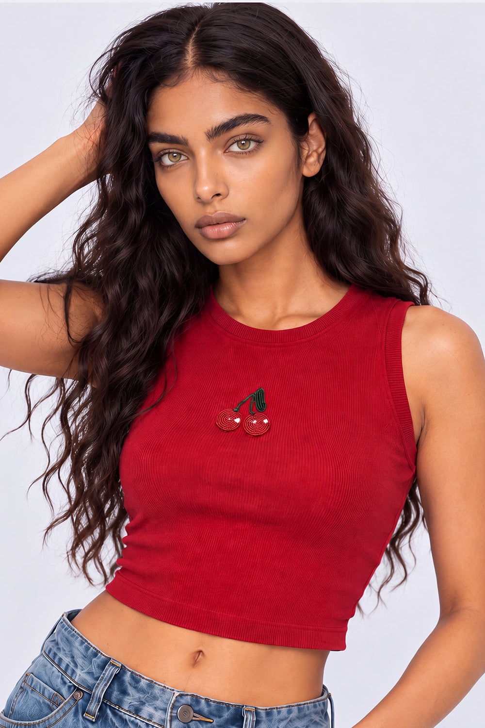 Womens Maroon Cherry Embroidered Tank Top - Image 3