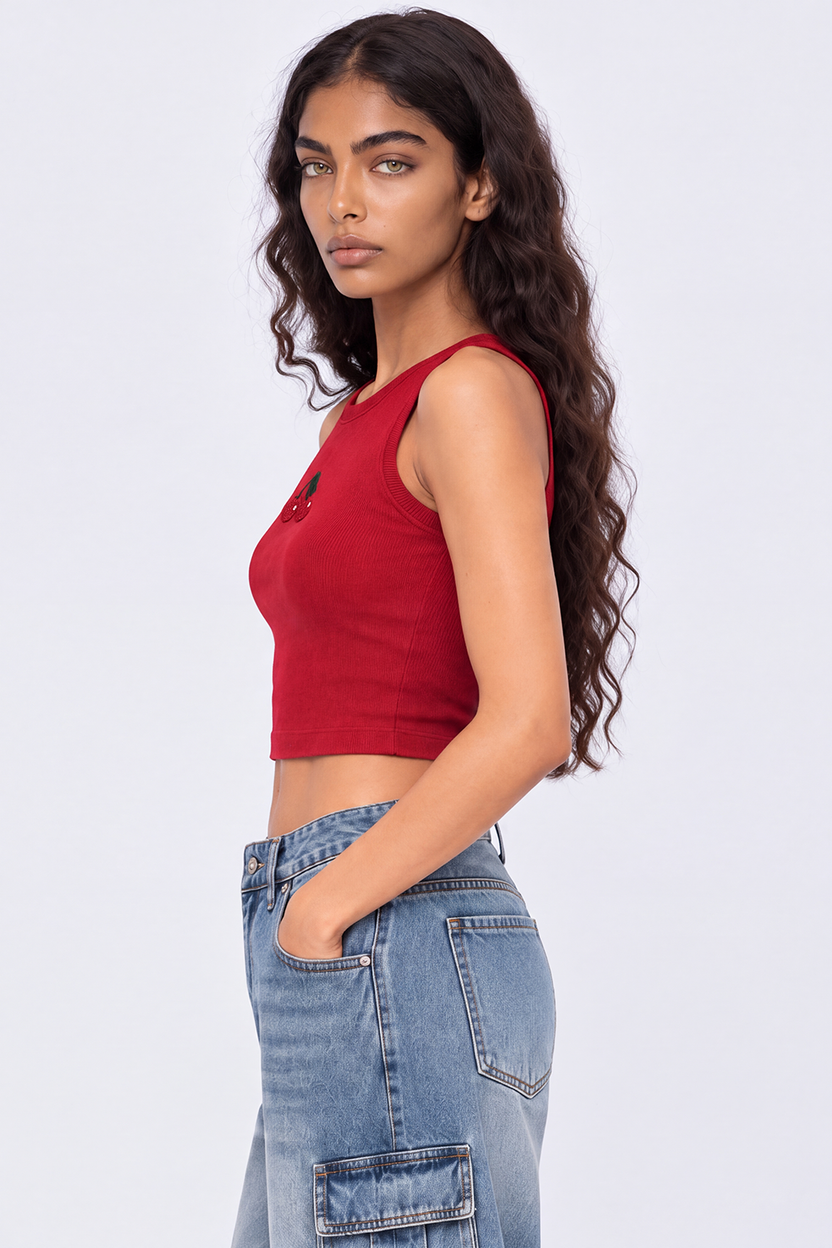 Womens Maroon Cherry Embroidered Tank Top - Image 4